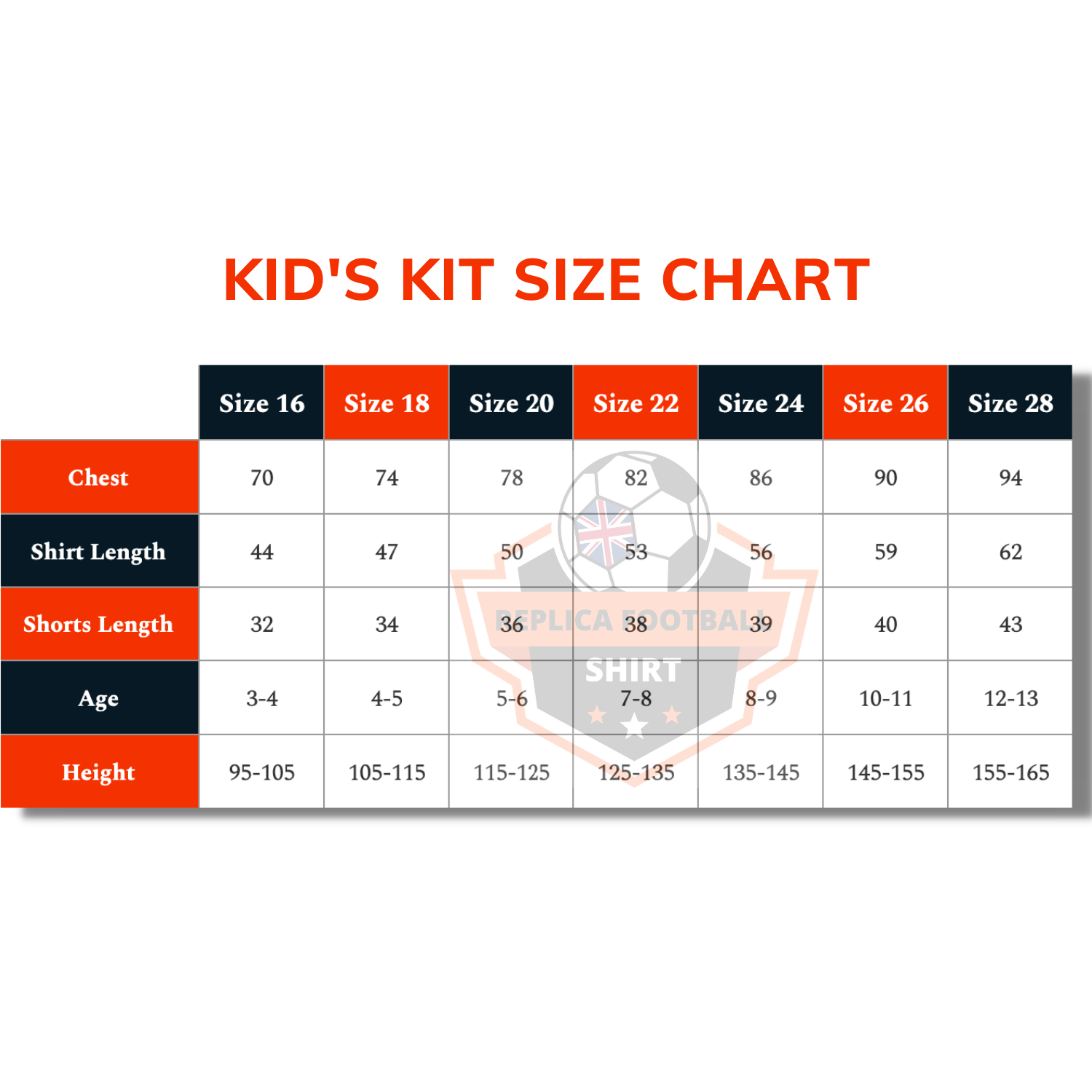 Kids Kit Size Chart