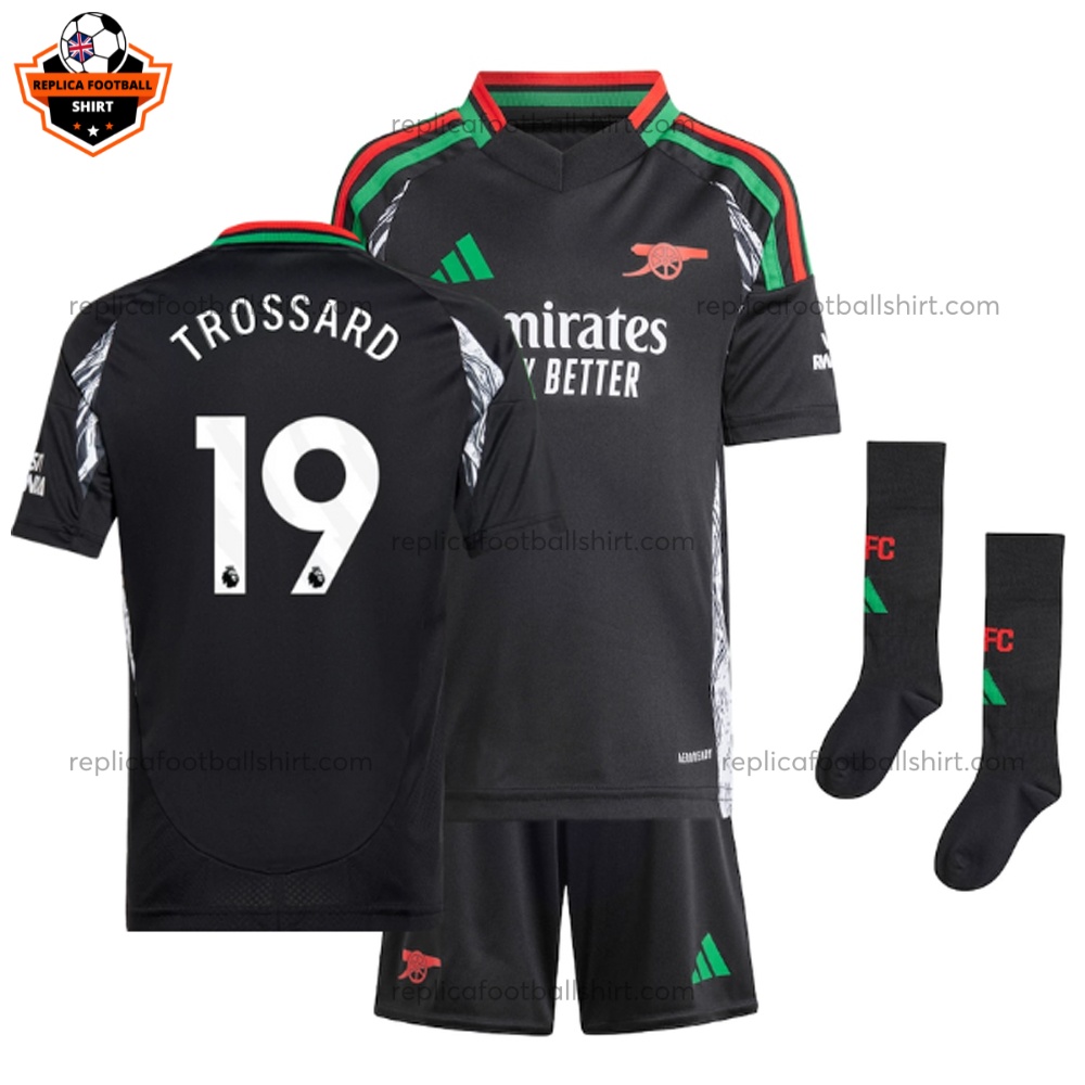 Arsenal Away Kid Replica Kit TROSSARD 19 Printed - Front View With Socks