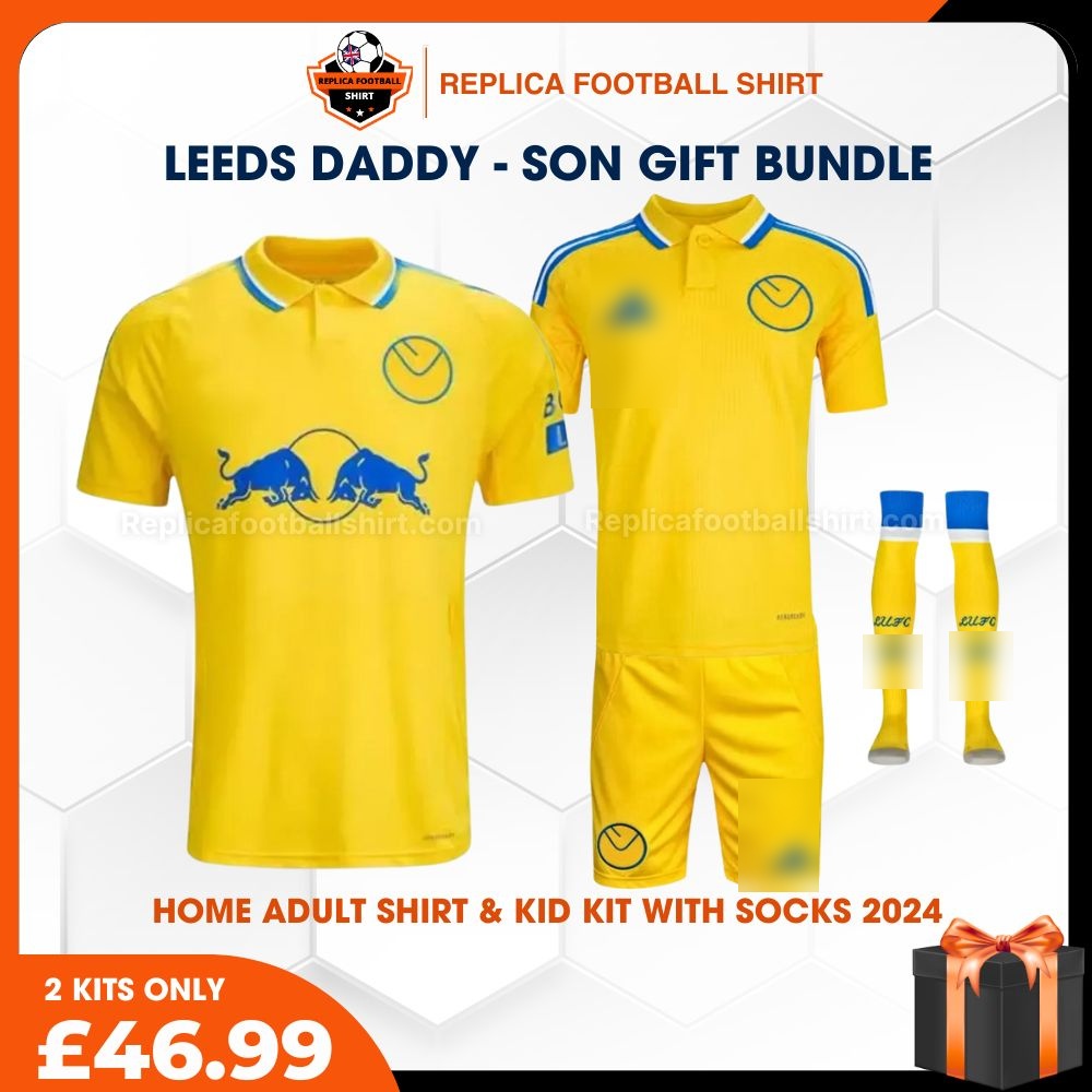 Leeds United FC 2024/25 Birthday Bundle - Home Dad & Son Replica Football Shirt & Kit for True Fans - Over View