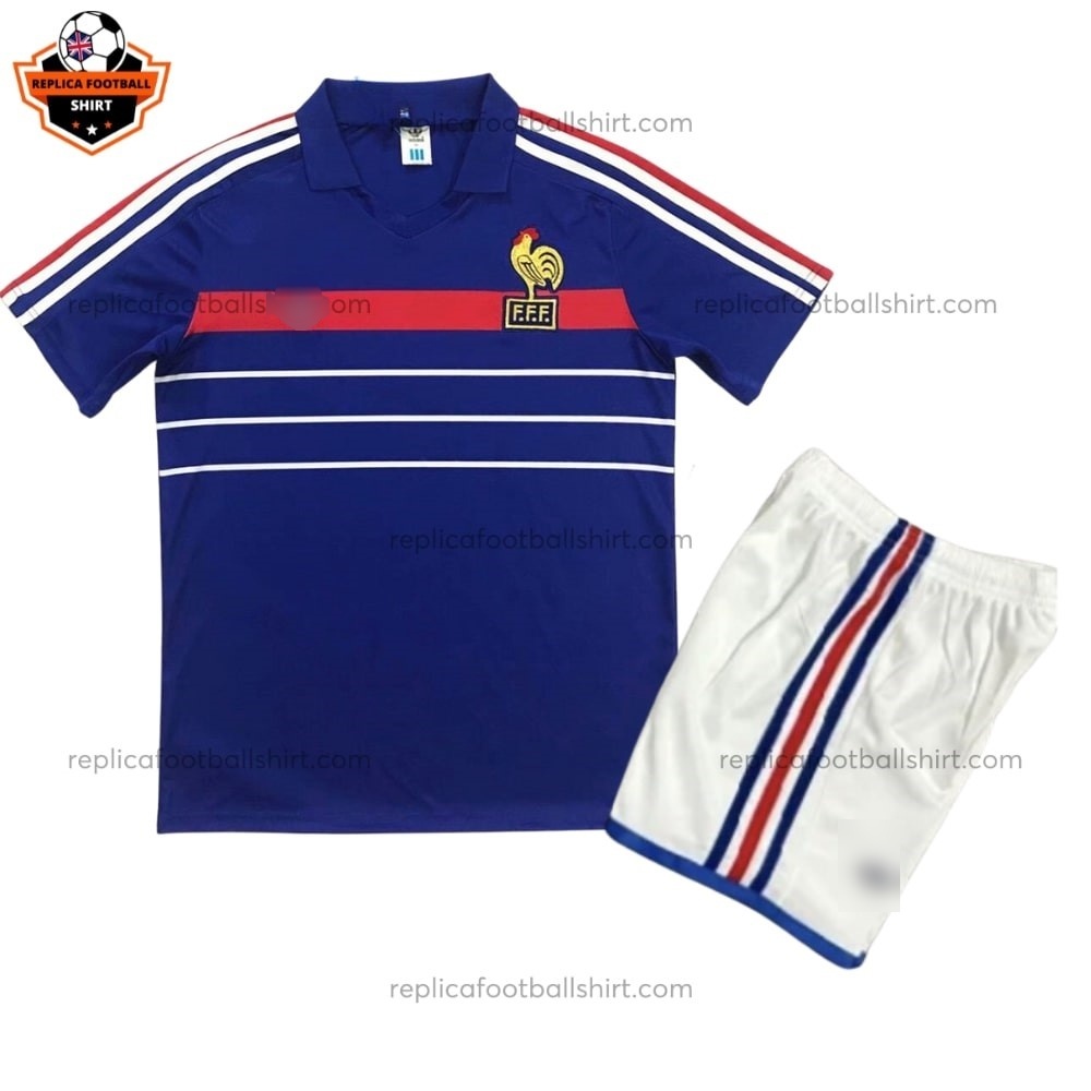 Retro France Home Kid Replica Football Kit 1982/84 - front view