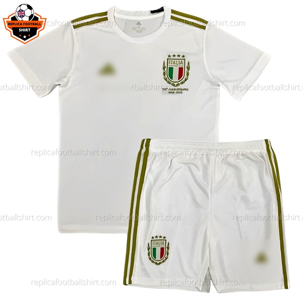 Italy 125 Anniversary White Kids World Cup Replica Football Kit 2023 - Front View