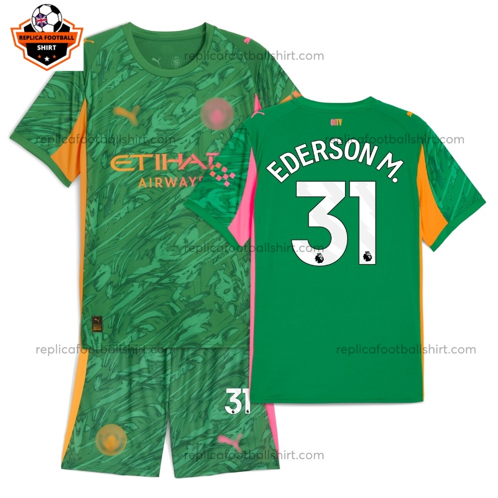 Manchester City Green Goalkeeper Kid Replica Football Kit 2025/26 EDERSON M. 31 Printed Full View