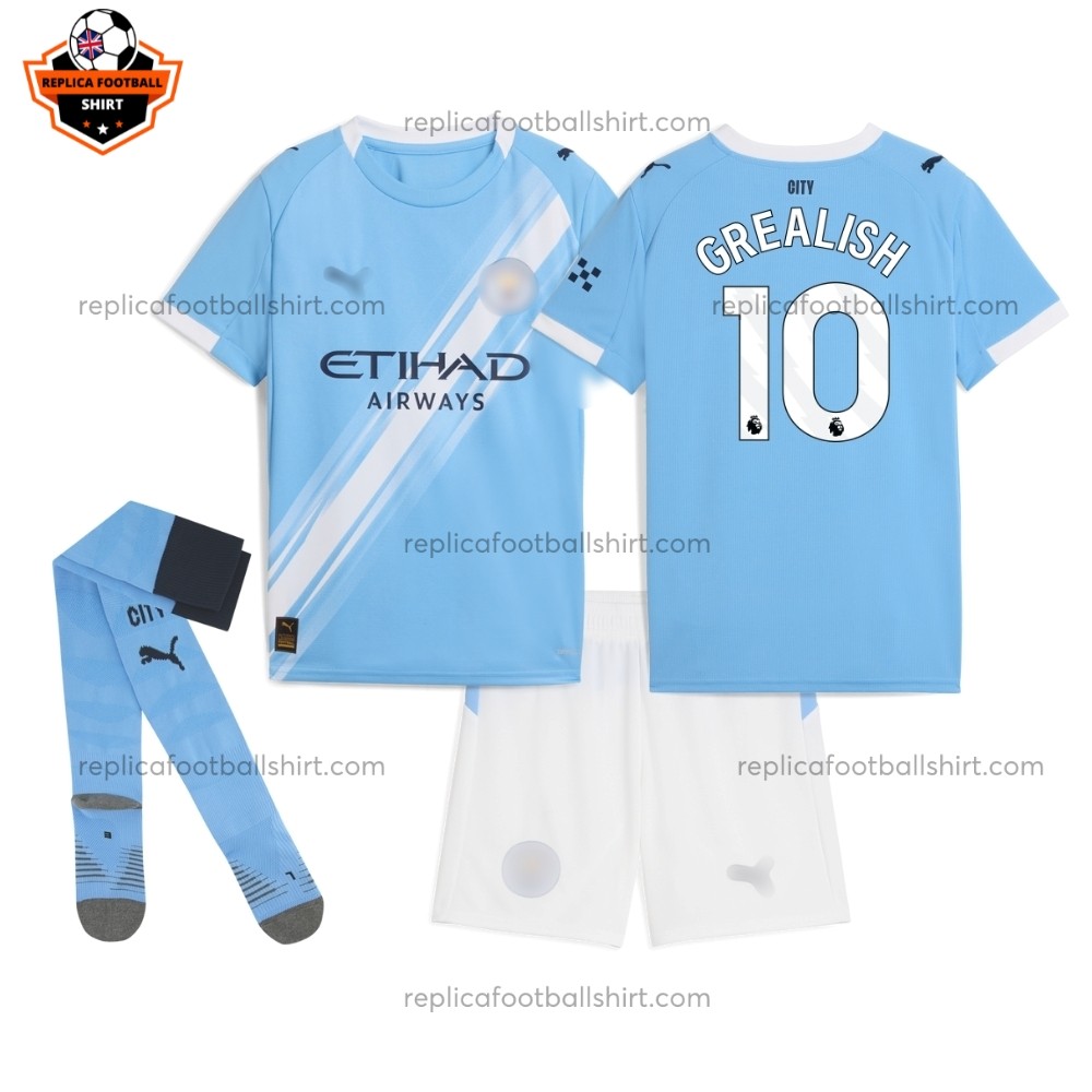 Manchester City Home Kid Replica Football Kit 2025/26 GREALISH 10 Printed Full View