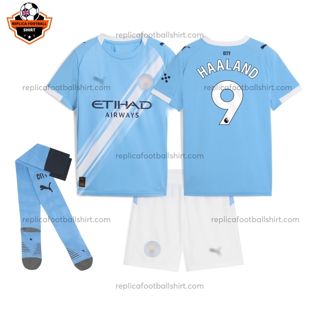 Manchester City Home Kid Replica Football Kit 2025/26 HAALAND 9 Printed Full View