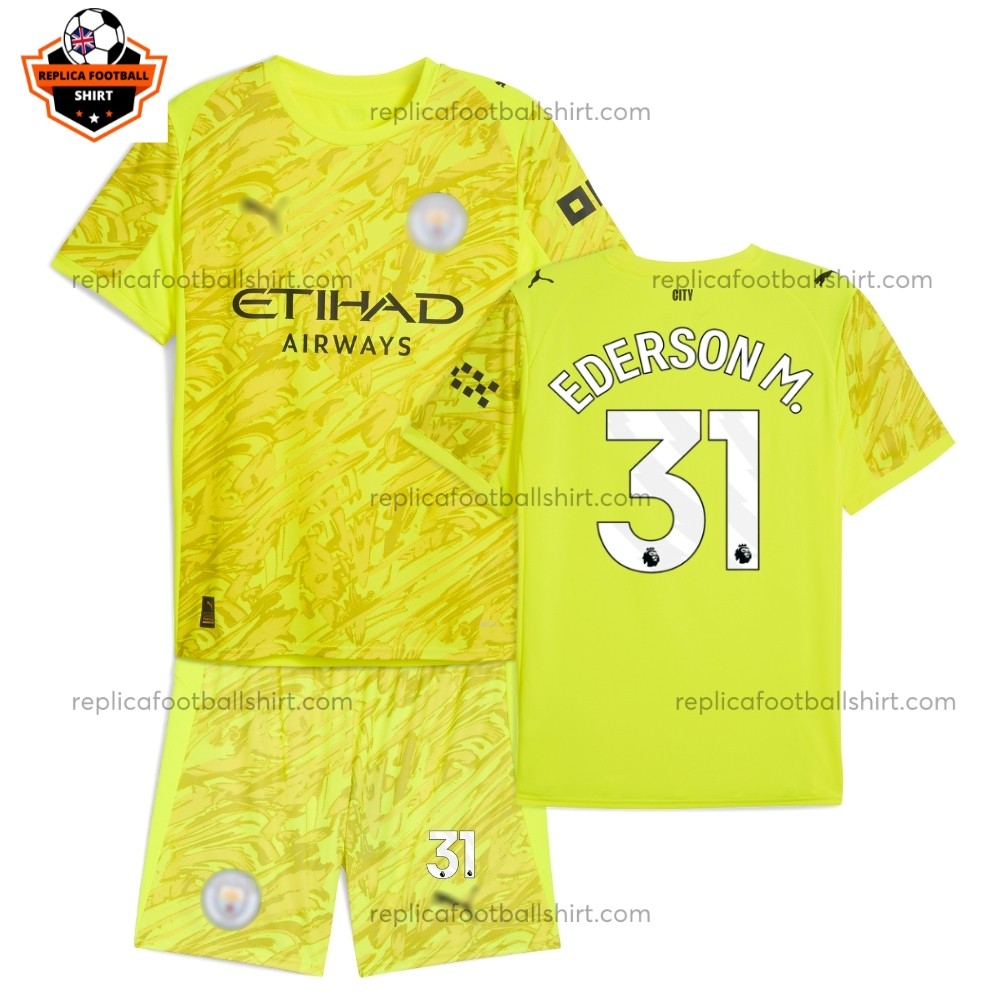 Manchester City Yellow Goalkeeper Kid Replica Football Kit 2025/26 EDERSON M. 31 Printed Full View