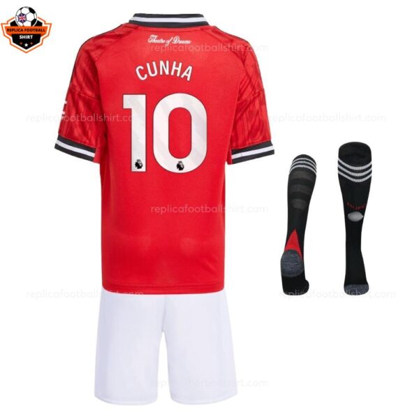 Manchester United Home Kid Replica Football Kit 202526 CUNHA 10 Printed backview