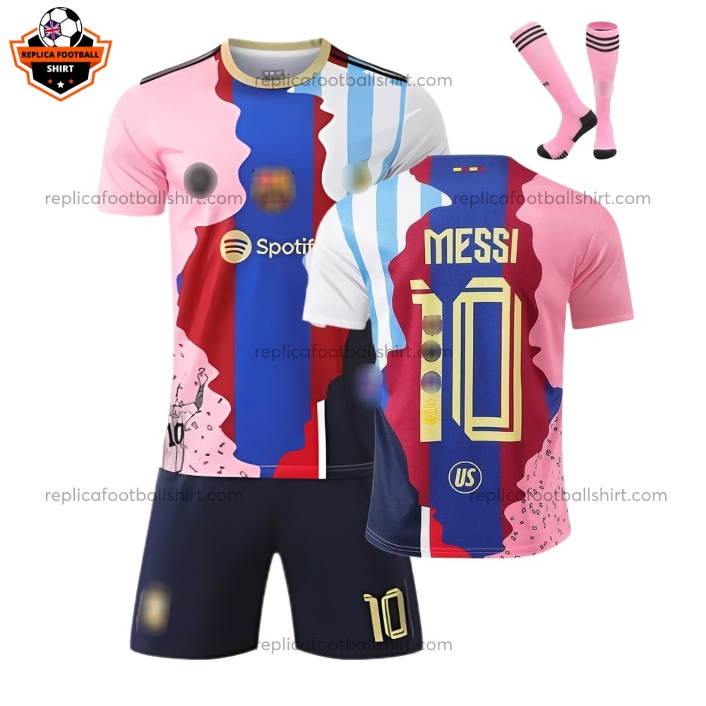 Barcelona Messi Special Edition Kid Replica Football Kit 2025/26 Front View With Socks