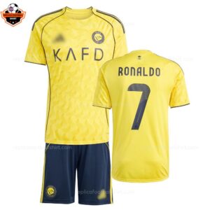 RFS Al nassr RONALDO 7 home kids football kit 25_26-over view