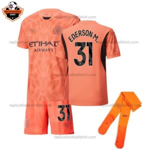 Manchester City Goalkeeper Orange For Men and Kid Replica Football Kit 2024/25 EDERSON M. 31 Printed