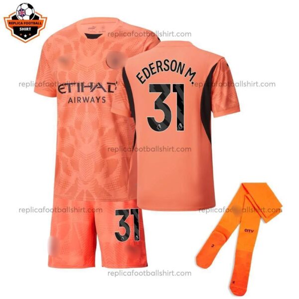 Manchester City Goalkeeper Orange For Men and Kid Replica Football Kit 2024/25 EDERSON M. 31 Printed