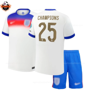 England Lionesses Home CHAMPIONS 25 Kid Replica Football Kit 2025/26 Printed - Over view - Blur