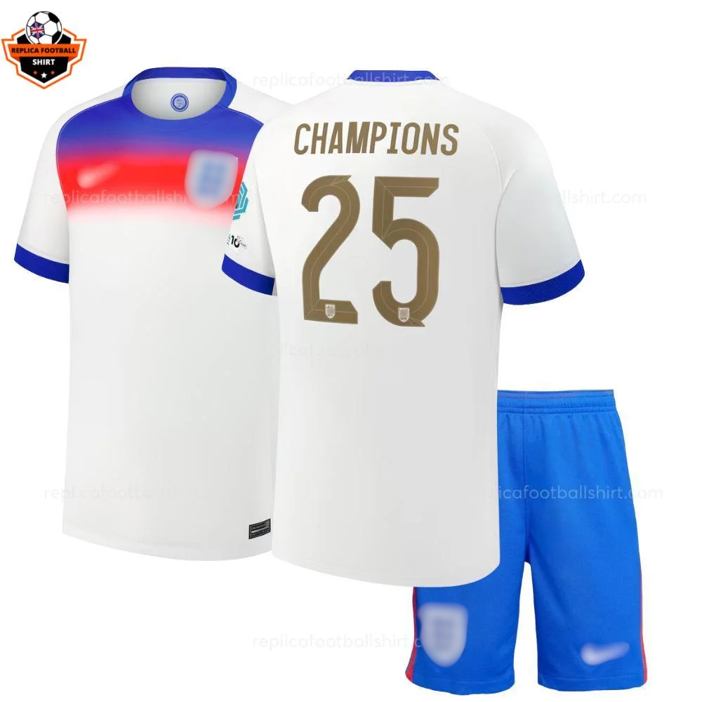 England Lionesses Home CHAMPIONS 25 Kid Replica Football Kit 2025/26 Printed - Over view - Blur