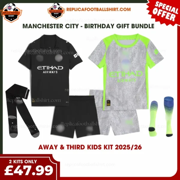 Manchester City 2025/26 Gift Bundle – Away and Third Fan-Version Kids Football Kits (With Socks)