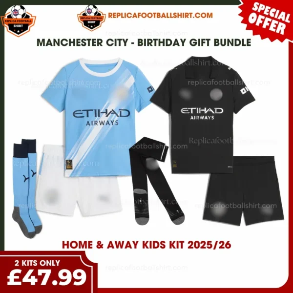 Manchester City 2025/26 Gift Bundle – Home and Away Fan-Version Kids Football Kits (With Socks)