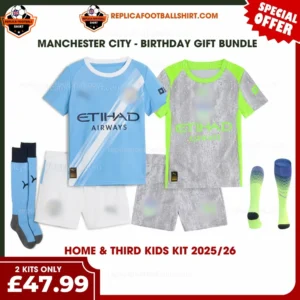 Manchester City 2025/26 Gift Bundle – Home and Third Fan-Version Kids Football Kits (With Socks)