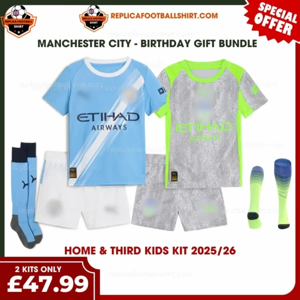 Manchester City 2025/26 Gift Bundle – Home and Third Fan-Version Kids Football Kits (With Socks)