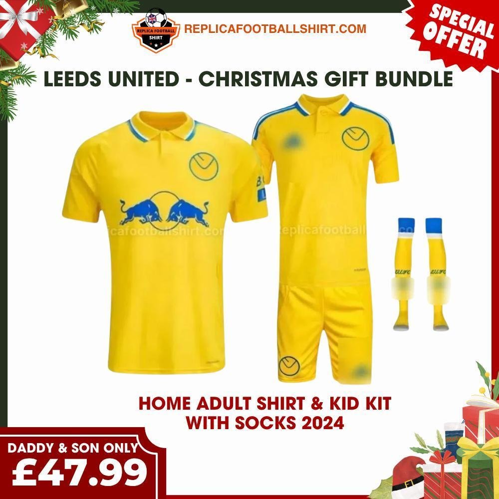 RFS Leeds United FC 2024_25 Christmas Gift Bundle – Home Dad & Son Replica Football Shirt & Kit