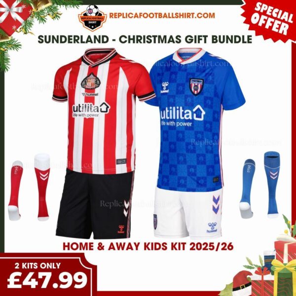 Sunderland 2025/26 Gift Bundle – Home and Away Fan-Version Kids Football Kits (With Socks)