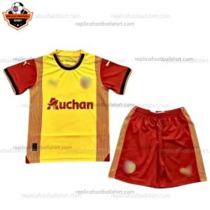 RC Lens Home Kid Replica Football Kit 2023/24 - Front view - Blur