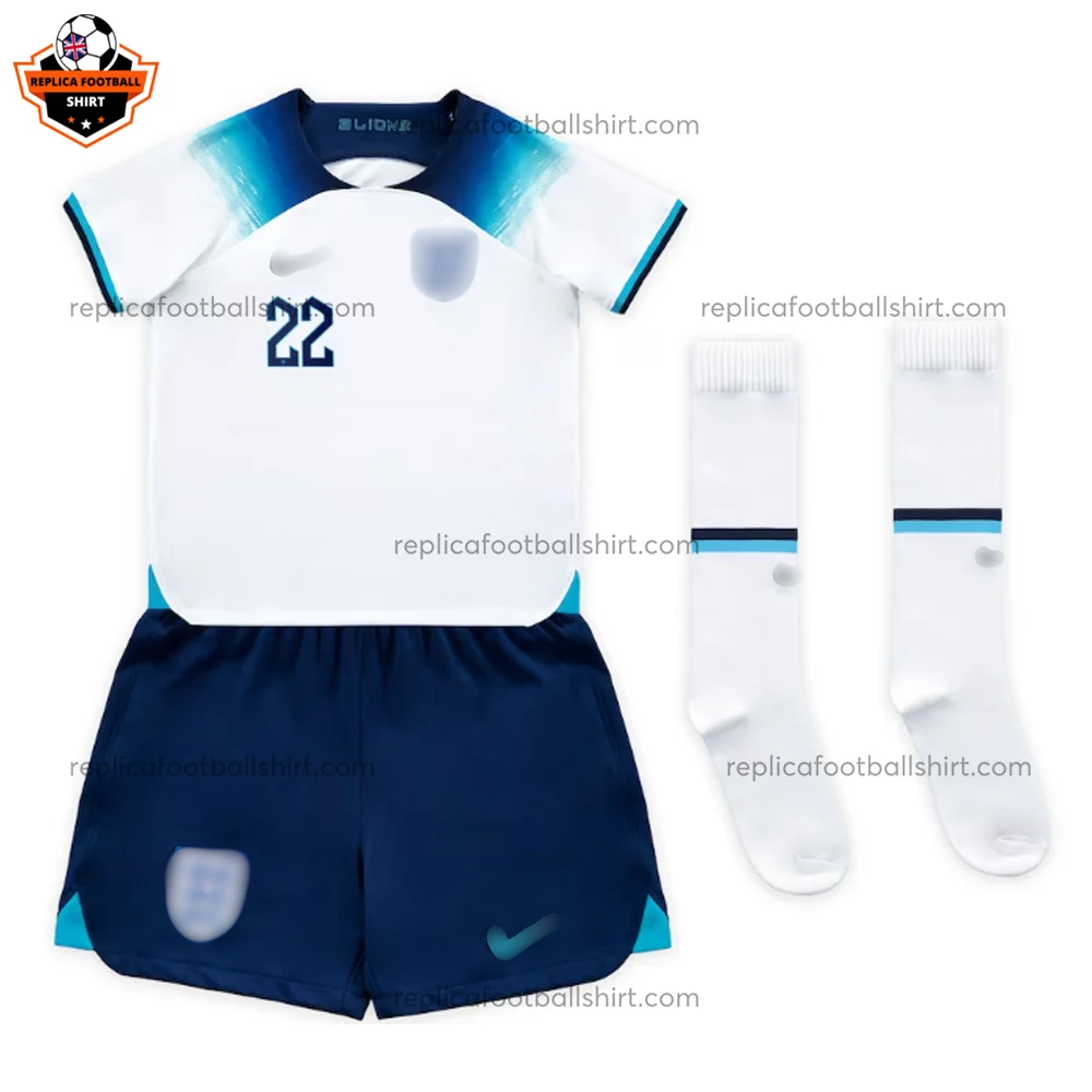 England Home World Cup Kid Replica Football Kit 2022 BELLINGHAM 22 Printed - front view - blur
