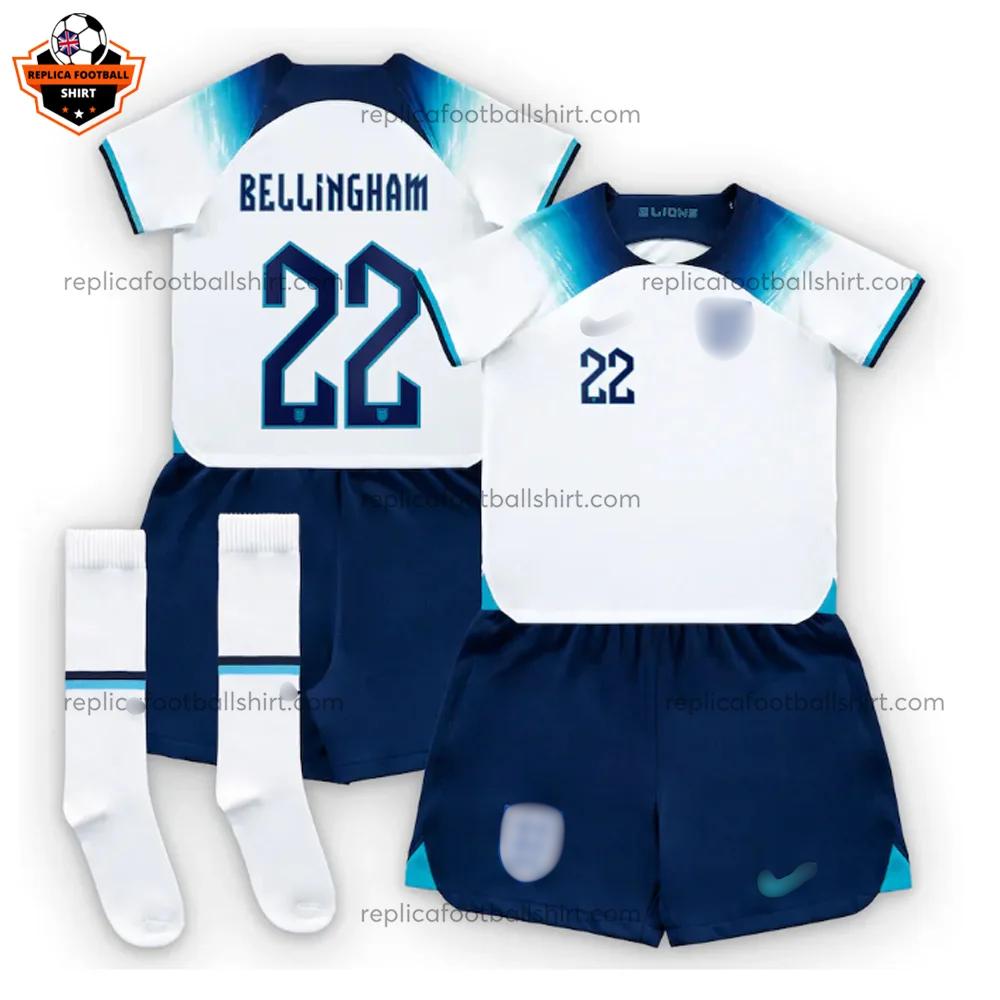 England Home World Cup Kid Replica Football Kit 2022 BELLINGHAM 22 Printed - over view - blur