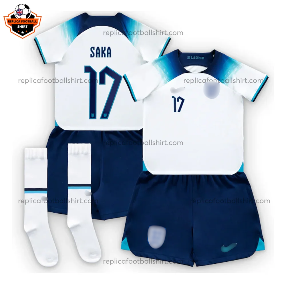 England Home World Cup Kid Replica Football Kit 2022 SAKA 17 Printed - over view - blur