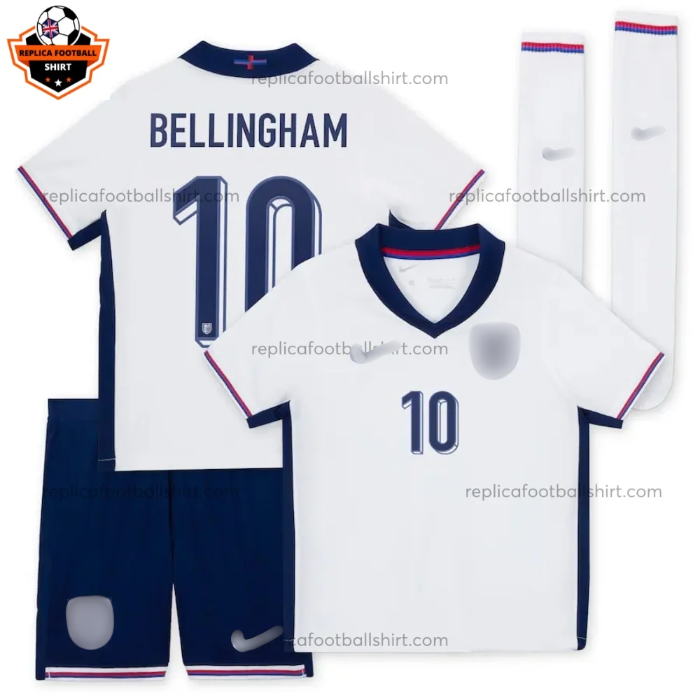England Home Kid Replica Football Kit 2024 BELLINGHAM 10 Printed - Over view - Blur