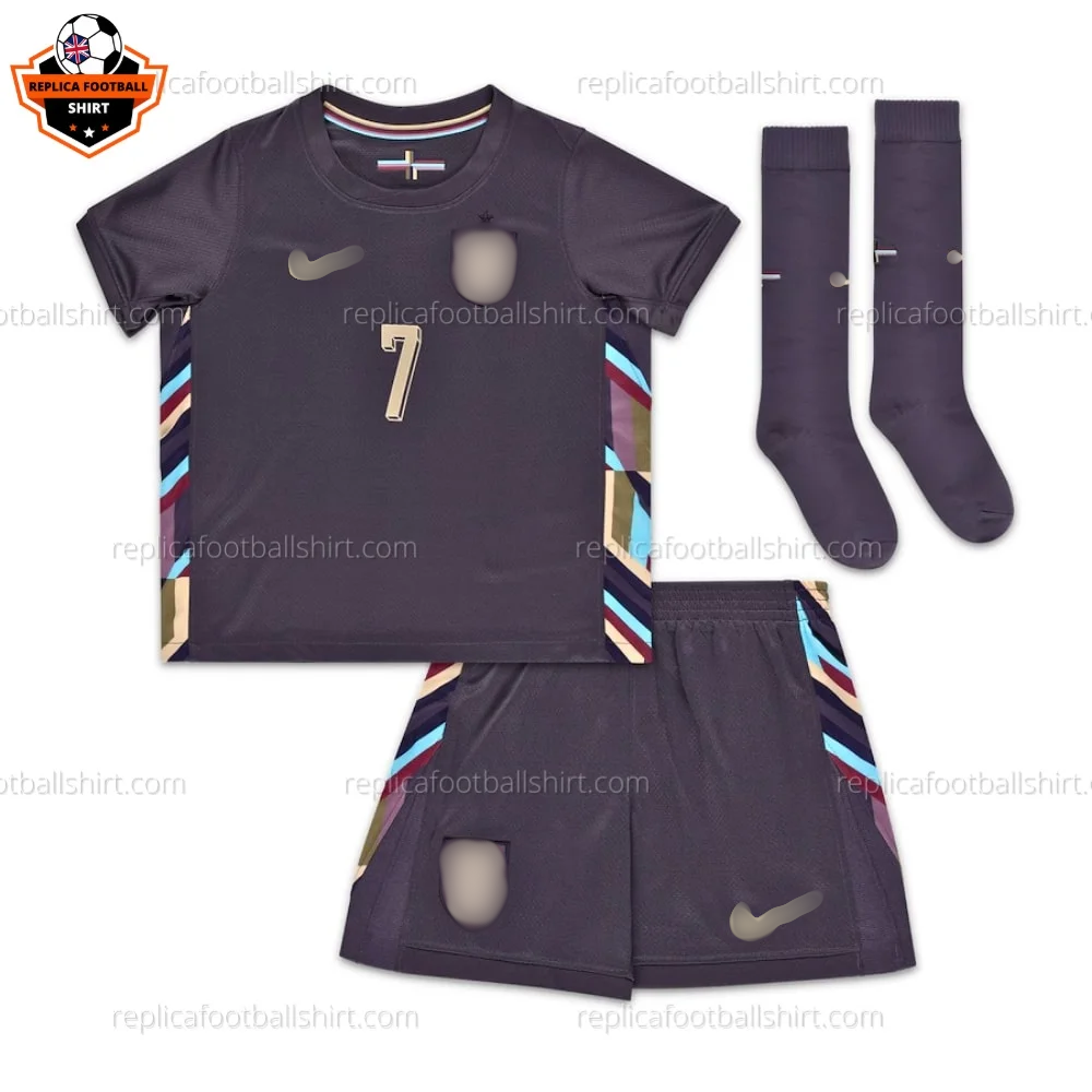England Away Kid Replica Football Kit 2024 SAKA 7 Printed - Front view - Blur