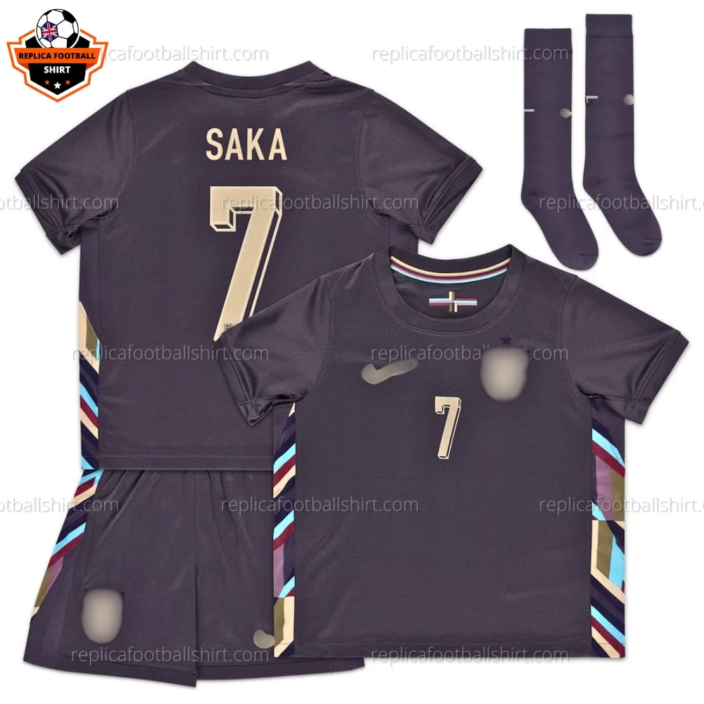 England Away Kid Replica Football Kit 2024 SAKA 7 Printed - Over view - Blur