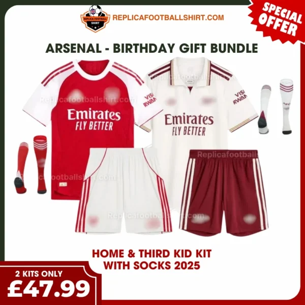 Arsenal 2025/26 Gift Bundle – Home and Third Fan-Version Kids Football Kits (With Socks)