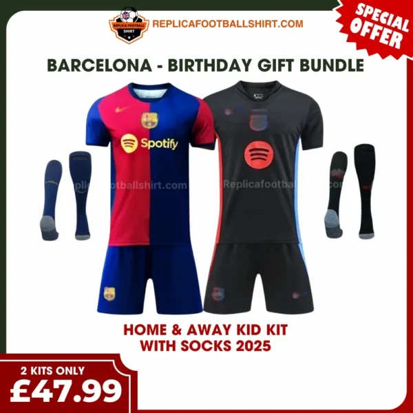 Barcelona 2024/25 Gift Bundle – Home and Away Fan-Version Kids Football Kits (With Socks)
