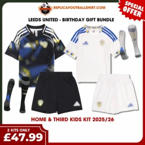 Leeds United 2025/26 Gift Bundle – Home and Third Fan-Version Kids Football Kits (With Socks)