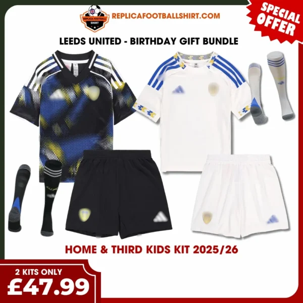 Leeds United 2025/26 Gift Bundle – Home and Third Fan-Version Kids Football Kits (With Socks)