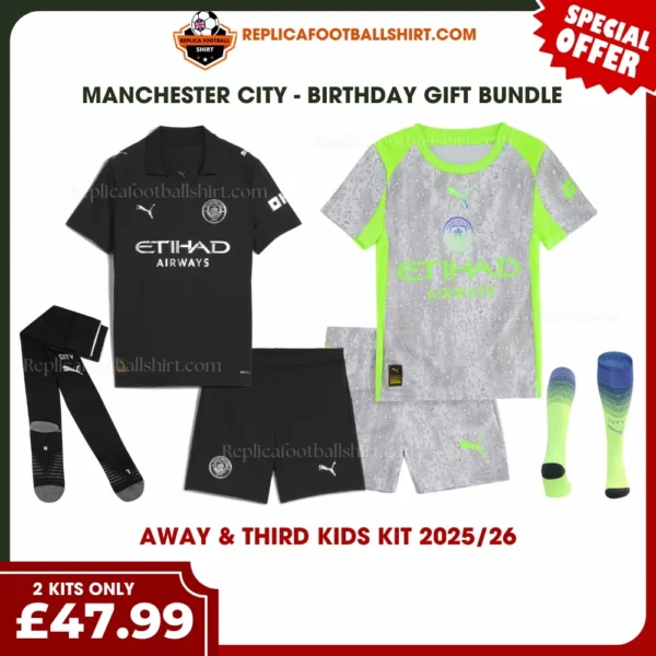 Manchester City 2025/26 Gift Bundle – Away and Third Fan-Version Kids Football Kits (With Socks)
