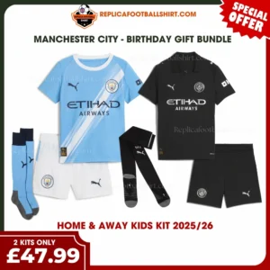 Manchester City 2025/26 Gift Bundle – Home and Away Fan-Version Kids Football Kits (With Socks)