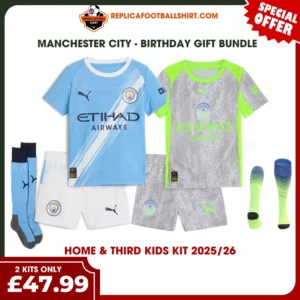 Manchester City 2025/26 Gift Bundle – Home and Third Fan-Version Kids Football Kits (With Socks)