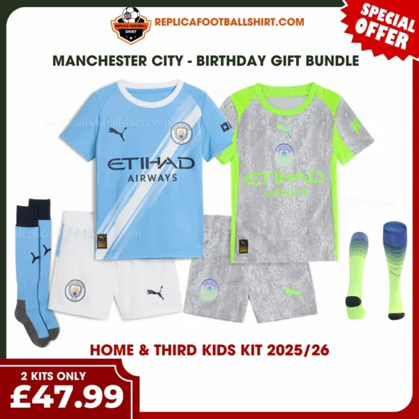 Manchester City 2025/26 Gift Bundle – Home and Third Fan-Version Kids Football Kits (With Socks)