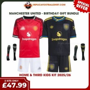 Manchester United 2025/26 Gift Bundle – Home and Third Fan-Version Kids Football Kits (With Socks)