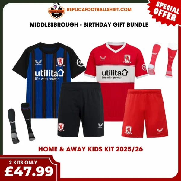 Middlesbrough 2025/26 Gift Bundle – Home and Away Fan-Version Kids Football Kits (With Socks)