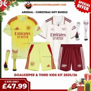 Arsenal FC 2025/26 Christmas Gift Pack – Yellow Goalkeeper & Third Kids Replica Football Kit - Front view