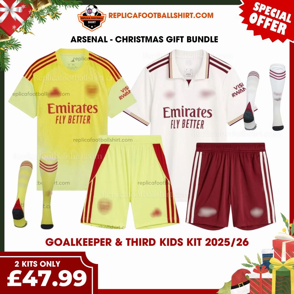 Arsenal FC 2025/26 Christmas Gift Pack – Yellow Goalkeeper & Third Kids Replica Football Kit - Front view