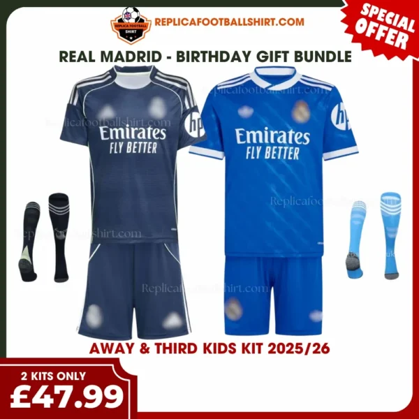 Real Madrid 2025/26 Gift Bundle – Away and Third Fan-Version Kids Football Kits (With Socks)