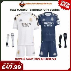 Real Madrid 2025/26 Gift Bundle – Home and Away Fan-Version Kids Football Kits (With Socks)