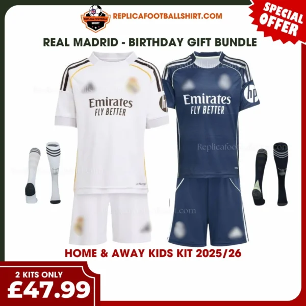 Real Madrid 2025/26 Gift Bundle – Home and Away Fan-Version Kids Football Kits (With Socks)