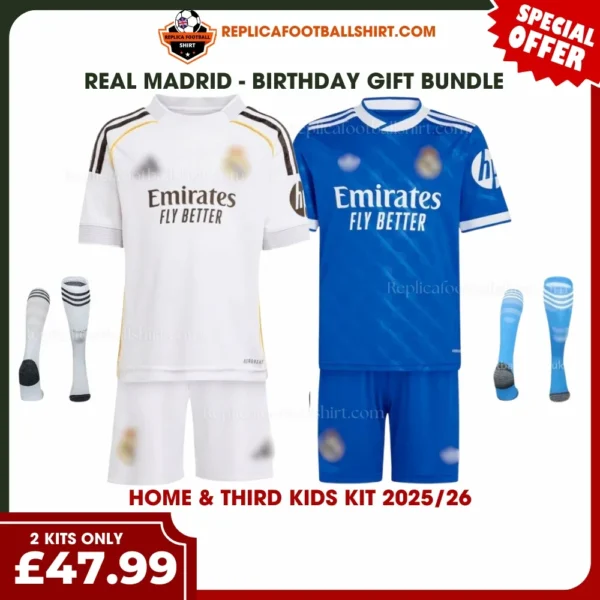 Real Madrid 2025/26 Gift Bundle – Home and Third Fan-Version Kids Football Kits (With Socks)