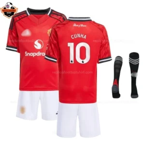 Manchester United Home Kid Replica Football Kit 2025/26 CUNHA 10 Printed