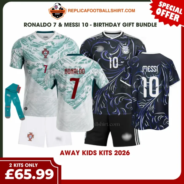 Portugal and Argentina FC World Cup 2026 Gift Bundle – Away Fan-Version Kids Football Kits – RONALDO 7 and MESSI 10