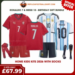 Portugal and Argentina World Cup 2026 Gift Bundle – Home Fan-Version Kids Football Kits – RONALDO 7 and MESSI 10 (With Socks)