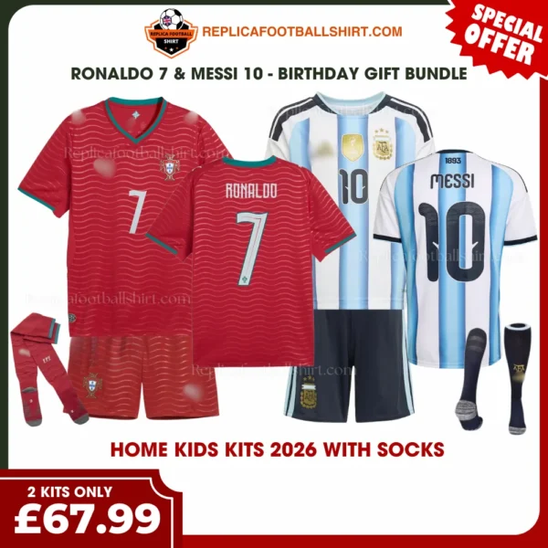 Portugal and Argentina World Cup 2026 Gift Bundle – Home Fan-Version Kids Football Kits – RONALDO 7 and MESSI 10 (With Socks)