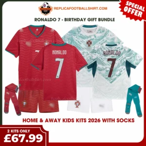 Portugal World Cup 2026 Gift Bundle – Home and Away Fan-Version Kids Football Kits – RONALDO 7 (With Socks)